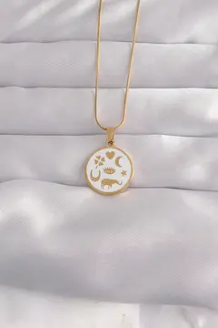 316L Çelik Gold Renk Beyaz Mineli Karışık Figürlü Tarot Kolye 5886