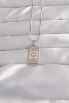 316L Çelik Gümüş Renk Pembe Mineli Ay Figür Tarot Kolye 5886