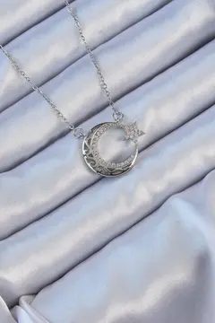 316L Çelik Zincir Gümüş Renk Zirkon Taşlı Motifli Ay Yıldız Kolye 5886