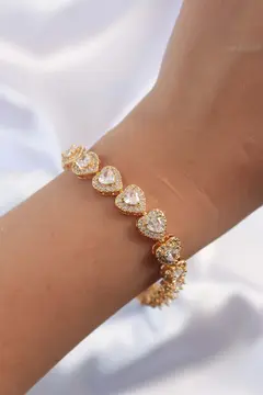 Pirinç Vip Seri Gold Renk Zirkon Taşlı Kalp Model Bileklik 5886