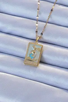 316L Çelik Zincir Altın Renk Mavi Mineli Tarot Kolye 5886