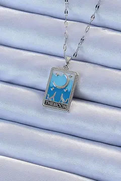 316L Çelik Zincir Gümüş Renk Mavi Mineli Ay Figür Tarot Kolye 5886
