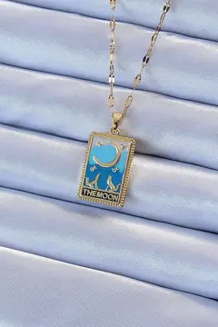 316L Çelik Zincir Altın Renk Mavi Mineli Ay Figür Tarot Kolye 5886