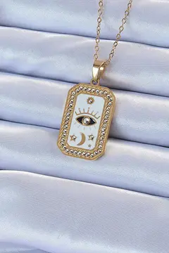 316L Çelik Zincir Altın Renk Mineli Zirkon Taşlı Göz Figür Tarot Kolye 5886