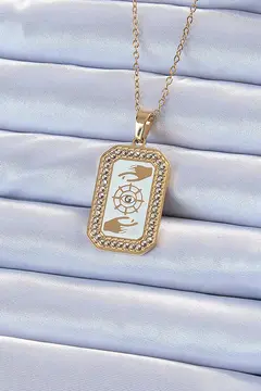 316L Çelik Zincir Altın Renk Mineli Zirkon Taşlı Göz Figür Tarot Kolye 5886