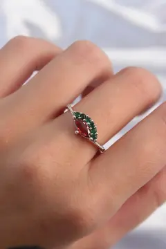 Pirinç Gümüş Renk Renkli Zirkon Taşlı Ayarlanabilir Karpuz Model Yüzük 5886