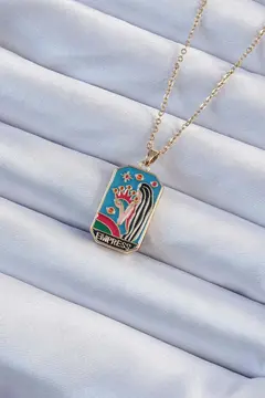 316L Çelik Zincir Altın Renk Taç ve Kız Figürlü Renkli Mineli Tarot Kolye 5886
