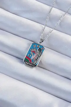 316L Çelik Zincir Gümüş Renk Taç ve Kız Figürlü Renkli Mineli Tarot Kolye 5886
