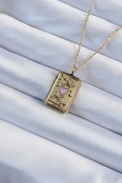 316L Çelik Zincir Eskitme Altın Renk Pembe Mineli Kalp Figürlü Tarot Kolye 5886