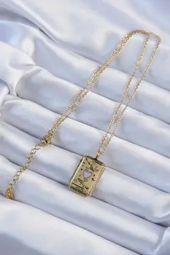 316L Çelik Zincir Eskitme Altın Renk Pembe Mineli Kalp Figürlü Tarot Kolye 5886