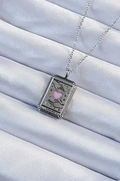 316L Çelik Zincir Eskitme Gümüş Renk Pembe Mineli Kalp Figürlü Tarot Kolye 5886