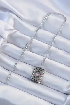 316L Çelik Zincir Eskitme Gümüş Renk Pembe Mineli Kalp Figürlü Tarot Kolye 5886