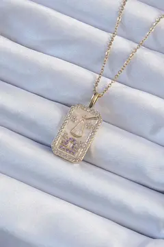 316L Çelik Zincir Altın Renk Lila Zirkon Taşlı Tarot Kolye 5886