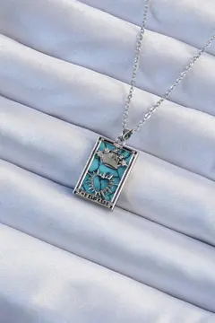 316L Çelik Zincir Gümüş Renk Zirkon Taşlı Mavi Mermer Desenli Taç Model Tarot Kolye 5886
