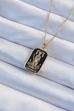 316L Çelik Zincir Altın Renk Siyah Mineli Tarot Kolye 5886