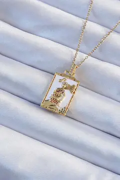 316L Çelik Zincir Altın Renk Beyaz Mineli Tarot Kolye 5886