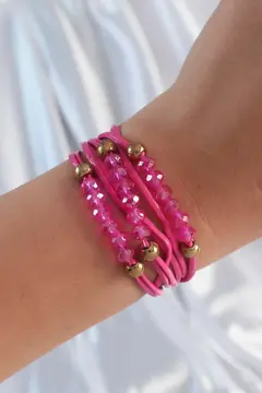 Pembe Renk Zirkon Taşlı İpli Çoklu Bileklik 5886