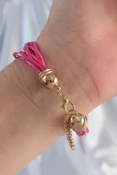 Pembe Renk Zirkon Taşlı İpli Çoklu Bileklik 5886
