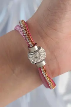 Pembe Renk Zirkon Taşlı Püskül Detay Deri Çoklu Bileklik 5886