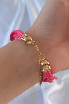 Pembe Renk Zirkon Taşlı Metal Aksesuarlı İpli Çoklu Bileklik 5886