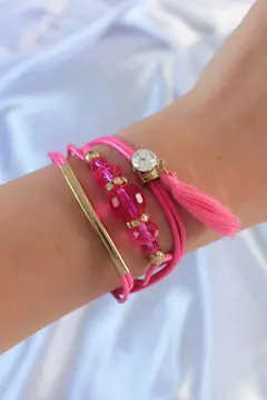Pembe Zirkon Taşlı İpli Püskül Detay Çoklu Bileklik 5886