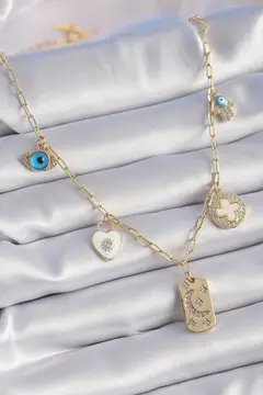 Gold Renk Zirkon Taşlı Çoklu Figür Model Şans Kolyesi 5886