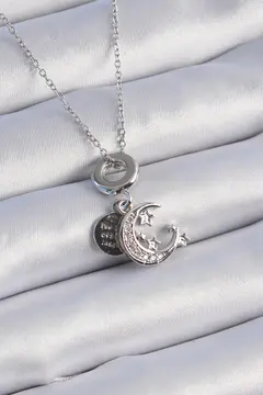 316L Çelik Gümüş Renk Zirkon Taşlı Ay Yıldız  Figür Charm Model Kadın Kolye 5886