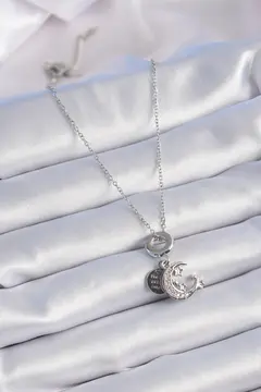 316L Çelik Gümüş Renk Zirkon Taşlı Ay Yıldız  Figür Charm Model Kadın Kolye 5886