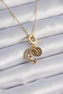 316L Çelik Gold Renk Zirkon Taşlı Ay Yıldız  Model Charm Model Kadın Kolye 5886