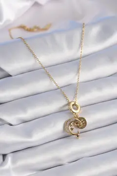316L Çelik Gold Renk Zirkon Taşlı Ay Yıldız  Model Charm Model Kadın Kolye 5886