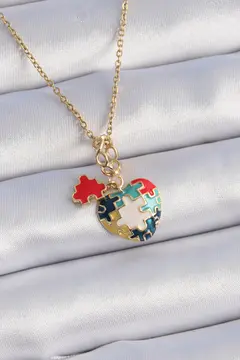 316L Çelik Gold Renk Yapboz Motif Kalp Figür Charm Model Kadın Kolye 5886