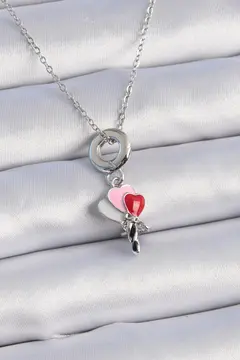 316L Çelik Gümüş Renk Renkli Kalp Figür Charm Model Kadın Kolye 5886