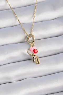316L Çelik Gold Renk Renkli Kalp Figür Charm Model Kadın Kolye 5886