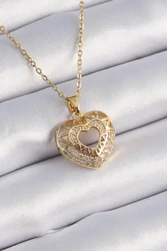 316L Çelik Gold Renk Zirkon Taşlı Kalp Model Vintage Kadın Kolye 5886