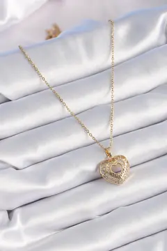 316L Çelik Gold Renk Zirkon Taşlı Kalp Model Vintage Kadın Kolye 5886