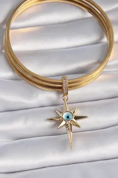 Pirinç Gold Renk Zirkon Taşlı Kutup Yıldızı Nazar Boncuk Detay Ajda Charm 5886