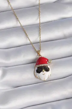 316L Çelik Gold Renk Zincir Zirkon Taşlı Yılbaşı Temalı Noel Baba Figür Kadın Kolye 5886