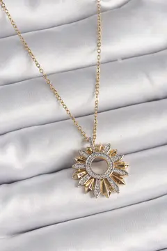 316L Çelik Gold Renk Zincir Zirkon Taşlı Mix Renk Güneş Model Kadın Kolye 5886