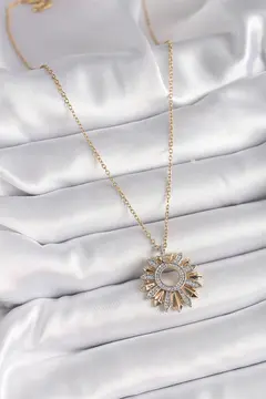 316L Çelik Gold Renk Zincir Zirkon Taşlı Mix Renk Güneş Model Kadın Kolye 5886