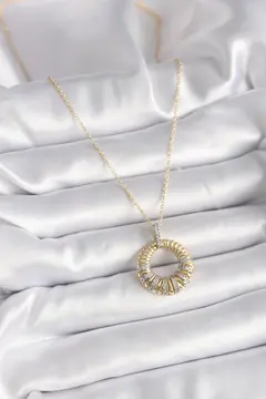 316L Çelik Gold Renk Zincir Gümüş Zirkon Taşlı Daire Model Kadın Kolye 5886