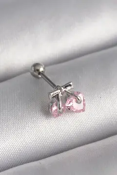 316L Çelik Gümüş Renk Pembe Zirkon Taşlı Kalp Tragus Piercing 5886
