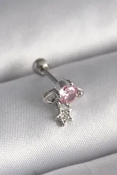 316L Çelik Gümüş Renk Pembe Zirkon Taşlı Sallantı Yıldız Detay Tragus Piercing 5886