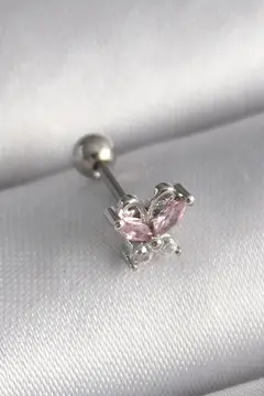 316L Çelik Gümüş Renk Pembe Zirkon Taşlı Kelebek Tragus Piercing 5886