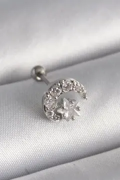 316L Çelik Gümüş Renk Zirkon Taşlı Ay Yıldız Tragus Piercing 5886