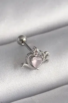 316L Çelik Gümüş Renk Pembe Mineli Kalp Zirkon Taş Detay Tragus Piercing 5886