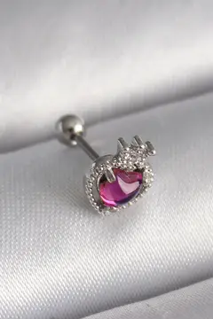 316L Çelik Gümüş Renk Pembe Mineli Kalp Zirkon Taş Detaylı Taç Tragus Piercing 5886