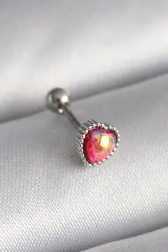 316L Çelik Gümüş Renk Kırmızı Mineli Kalp Tragus Piercing 5886