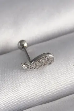 316L Çelik Gümüş Renk Zirkon Taşlı Kanat Tragus Piercing 5886