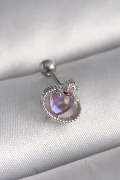 316L Çelik Gümüş Renk Mor Mineli Kalp Zirkon Taş Detay Tragus Piercing 5886