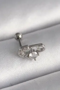 316L Çelik Gümüş Renk Zirkon Taşlı Toplu İğne Tragus Piercing 5886